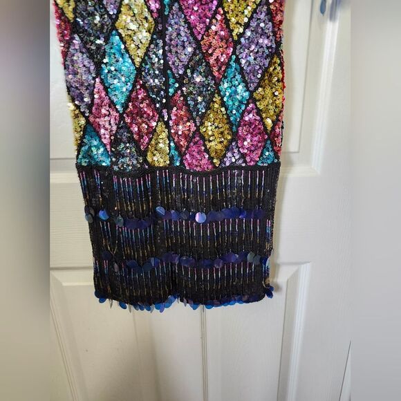 Vintage 80s Colorful Sequins Diamond Argyle Tassel Fringe Midi Dress Fla… - Picture 11 of 13